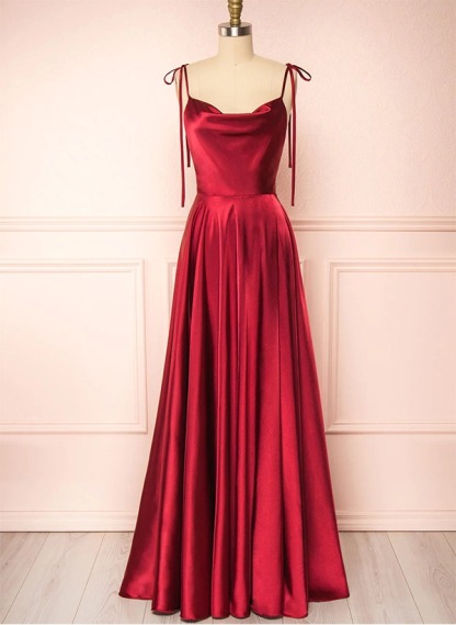 A-Line Cowl Neck Satin Bridesmaid Dresses With Spaghetti Straps And High Split