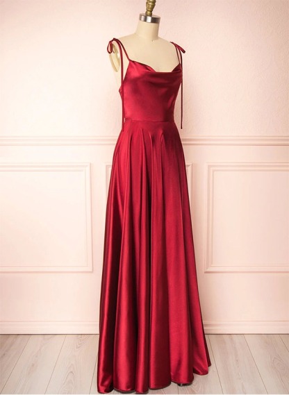 A-Line Cowl Neck Satin Bridesmaid Dresses With Spaghetti Straps And High Split