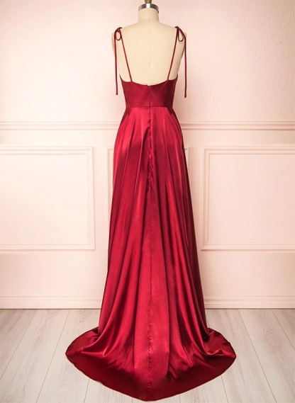 A-Line Cowl Neck Satin Bridesmaid Dresses With Spaghetti Straps And High Split