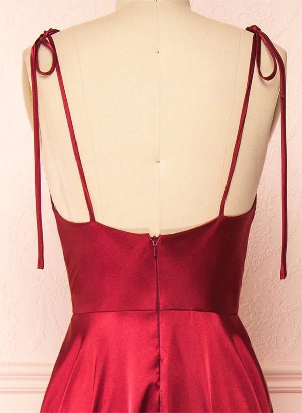 A-Line Cowl Neck Satin Bridesmaid Dresses With Spaghetti Straps And High Split