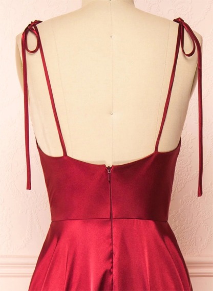 A-Line Cowl Neck Satin Bridesmaid Dresses With Spaghetti Straps And High Split