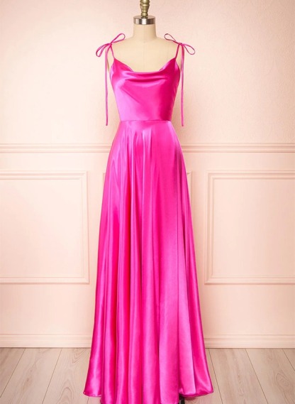 A-Line Cowl Neck Satin Bridesmaid Dresses With Spaghetti Straps And High Split