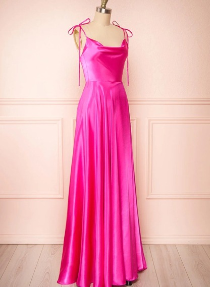 A-Line Cowl Neck Satin Bridesmaid Dresses With Spaghetti Straps And High Split