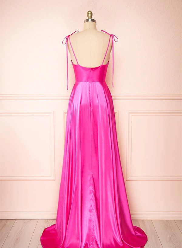 A-Line Cowl Neck Satin Bridesmaid Dresses With Spaghetti Straps And High Split