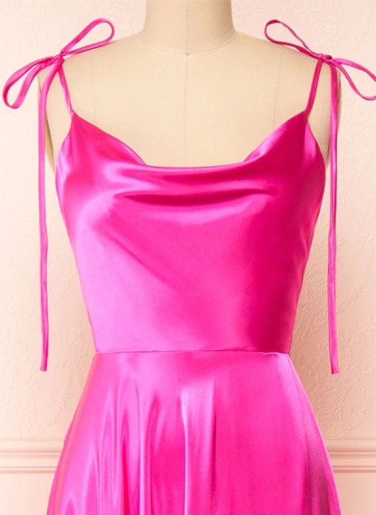 A-Line Cowl Neck Satin Bridesmaid Dresses With Spaghetti Straps And High Split