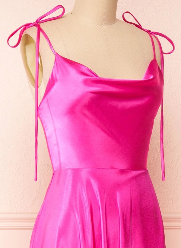 A-Line Cowl Neck Satin Bridesmaid Dresses With Spaghetti Straps And High Split
