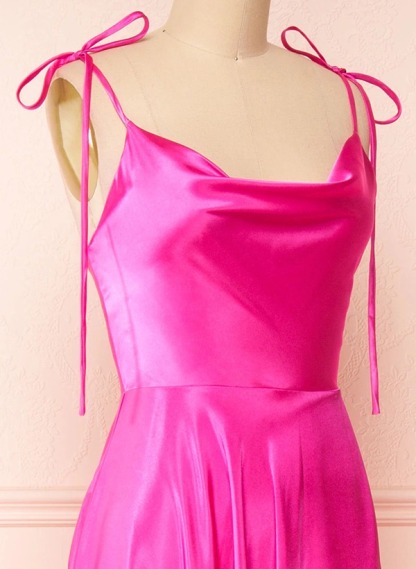 A-Line Cowl Neck Satin Bridesmaid Dresses With Spaghetti Straps And High Split