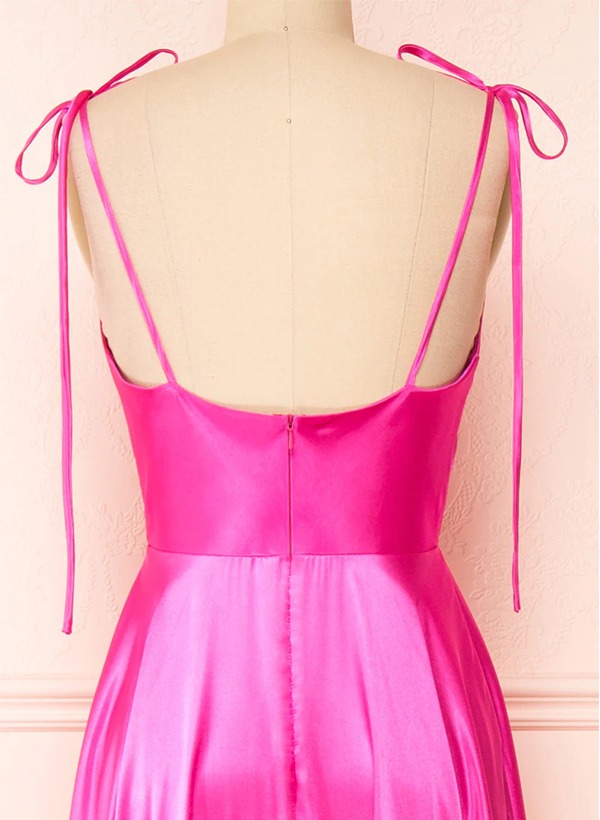 A-Line Cowl Neck Satin Bridesmaid Dresses With Spaghetti Straps And High Split