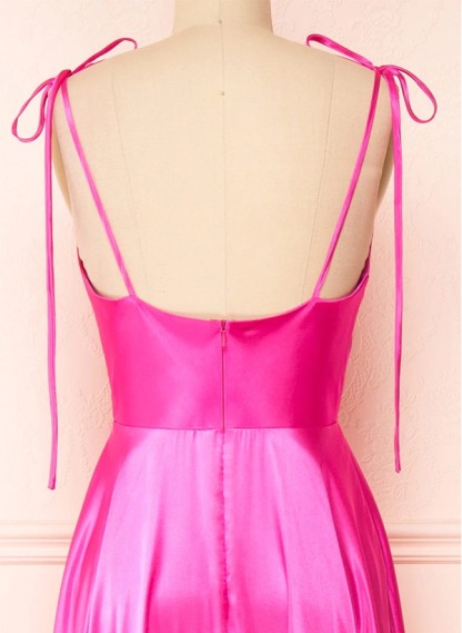 A-Line Cowl Neck Satin Bridesmaid Dresses With Spaghetti Straps And High Split
