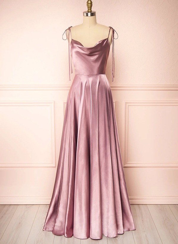 A-Line Cowl Neck Satin Bridesmaid Dresses With Spaghetti Straps And High Split