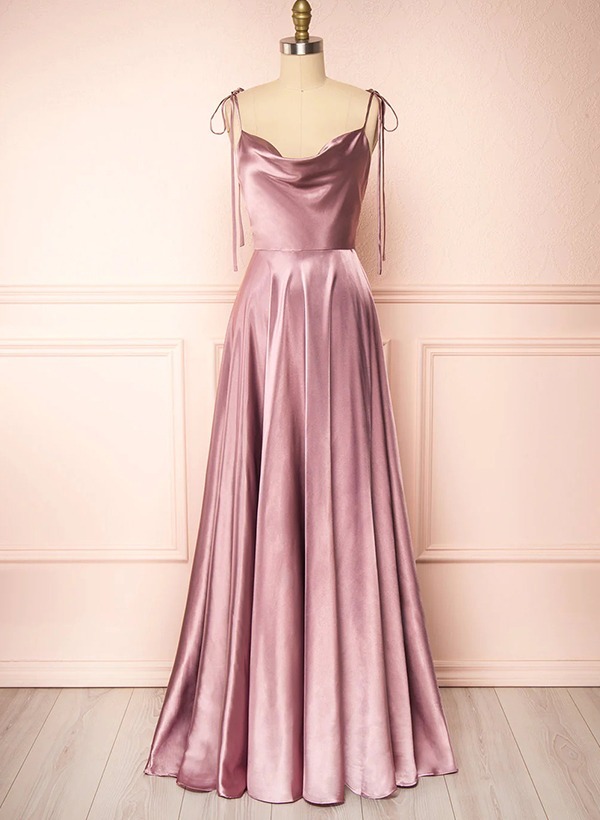 A-Line Cowl Neck Satin Bridesmaid Dresses With Spaghetti Straps And High Split