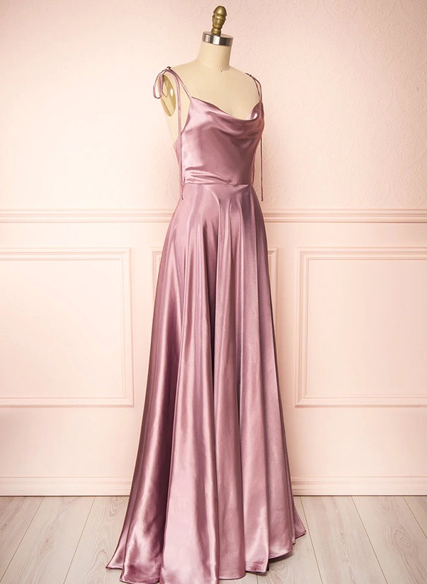 A-Line Cowl Neck Satin Bridesmaid Dresses With Spaghetti Straps And High Split