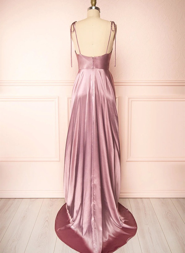 A-Line Cowl Neck Satin Bridesmaid Dresses With Spaghetti Straps And High Split