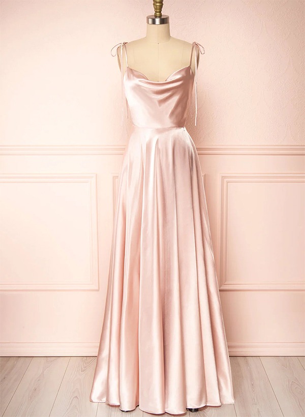 A-Line Cowl Neck Satin Bridesmaid Dresses With Spaghetti Straps And High Split