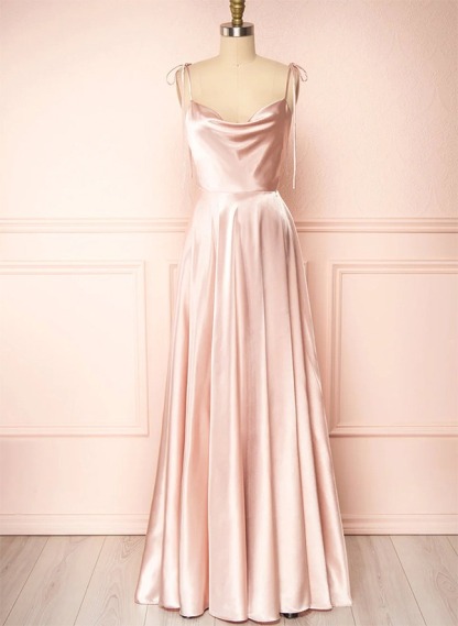 A-Line Cowl Neck Satin Bridesmaid Dresses With Spaghetti Straps And High Split