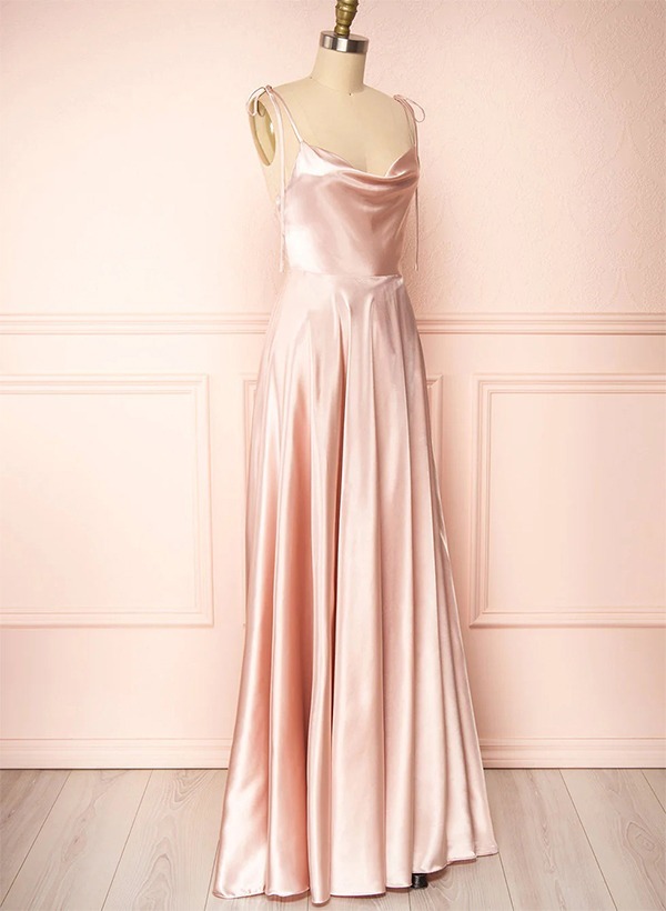 A-Line Cowl Neck Satin Bridesmaid Dresses With Spaghetti Straps And High Split
