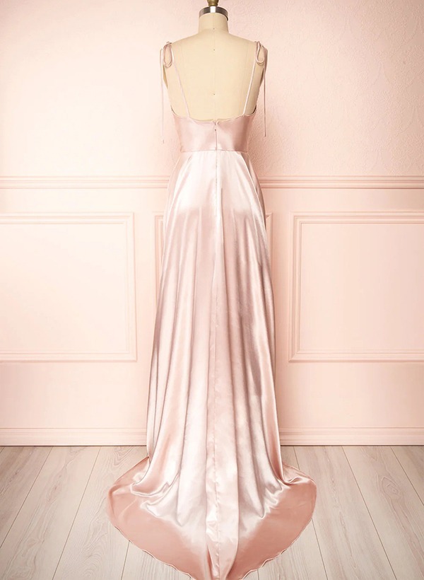 A-Line Cowl Neck Satin Bridesmaid Dresses With Spaghetti Straps And High Split