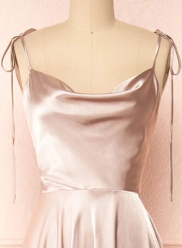 A-Line Cowl Neck Satin Bridesmaid Dresses With Spaghetti Straps And High Split
