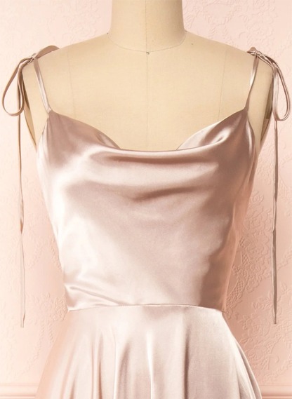 A-Line Cowl Neck Satin Bridesmaid Dresses With Spaghetti Straps And High Split
