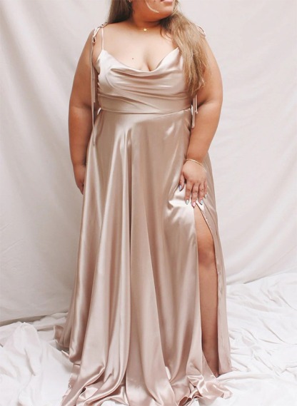 A-Line Cowl Neck Satin Bridesmaid Dresses With Spaghetti Straps And High Split