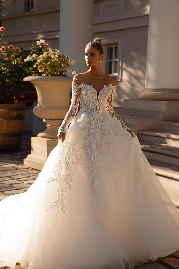 Chicloth Off-the-Shoulder Wedding Dresses Ball Gown With Lace Long Sleeves