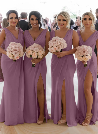 Cowl Neck Sleeveless Chiffon Bridesmaid Dresses With Front Split