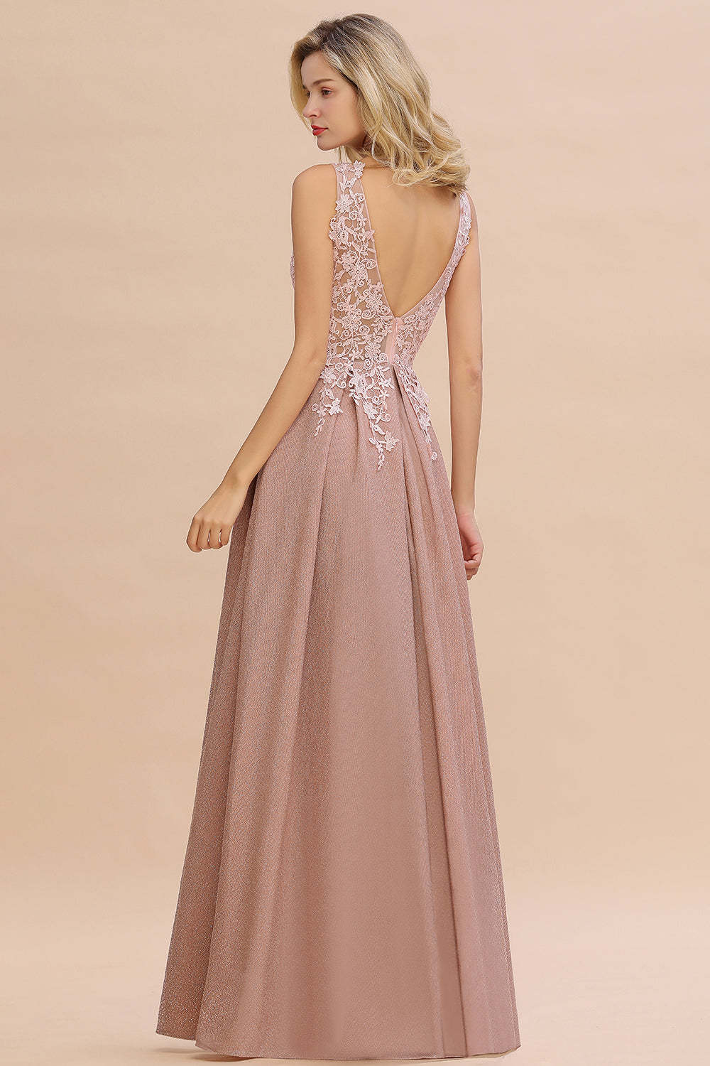 Chicloth Dusty Pink V-Neck Long Prom Dress With Lace Appliques Online