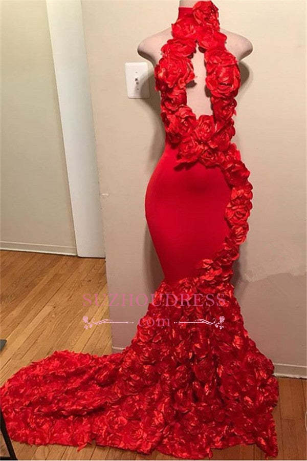 Chicloth Red High Neck Mermaid Prom Dress With Flowers Sleeveless Formal Wears