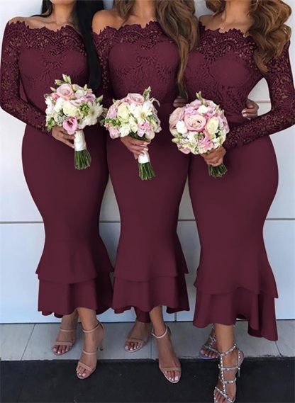 Off-The-Shoulder Long Sleeves Lace/Satin Bridesmaid Dresses - Trumpet/Mermaid