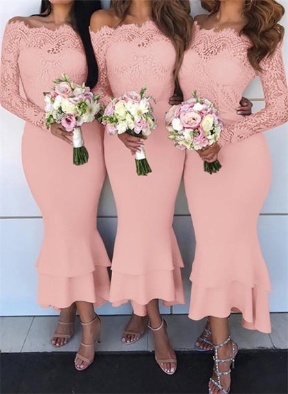 Off-The-Shoulder Long Sleeves Lace/Satin Bridesmaid Dresses - Trumpet/Mermaid