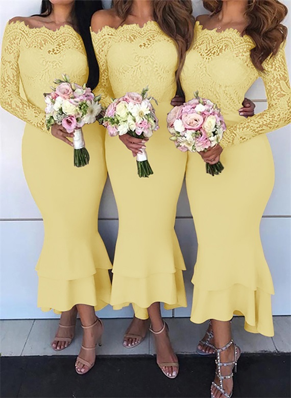 Off-The-Shoulder Long Sleeves Lace/Satin Bridesmaid Dresses - Trumpet/Mermaid
