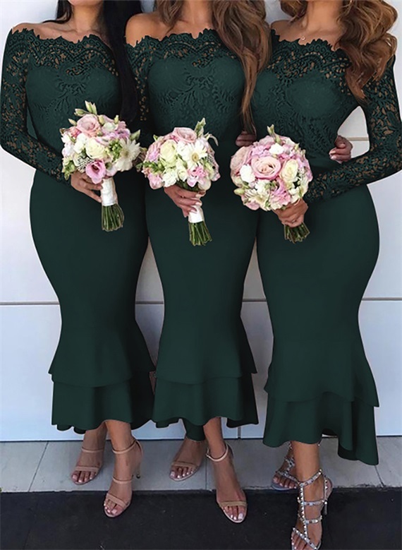 Off-The-Shoulder Long Sleeves Lace/Satin Bridesmaid Dresses - Trumpet/Mermaid