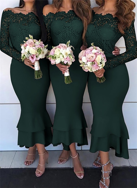Off-The-Shoulder Long Sleeves Lace/Satin Bridesmaid Dresses - Trumpet/Mermaid
