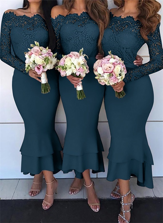 Off-The-Shoulder Long Sleeves Lace/Satin Bridesmaid Dresses - Trumpet/Mermaid