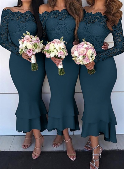 Off-The-Shoulder Long Sleeves Lace/Satin Bridesmaid Dresses - Trumpet/Mermaid