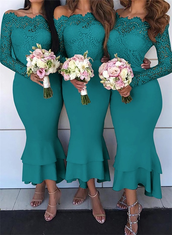 Off-The-Shoulder Long Sleeves Lace/Satin Bridesmaid Dresses - Trumpet/Mermaid