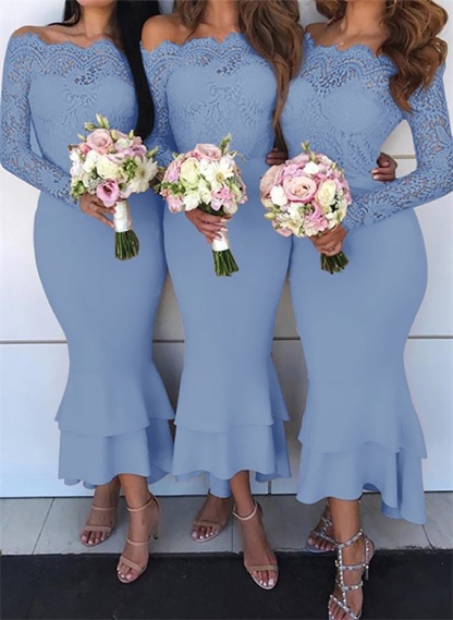 Off-The-Shoulder Long Sleeves Lace/Satin Bridesmaid Dresses - Trumpet/Mermaid