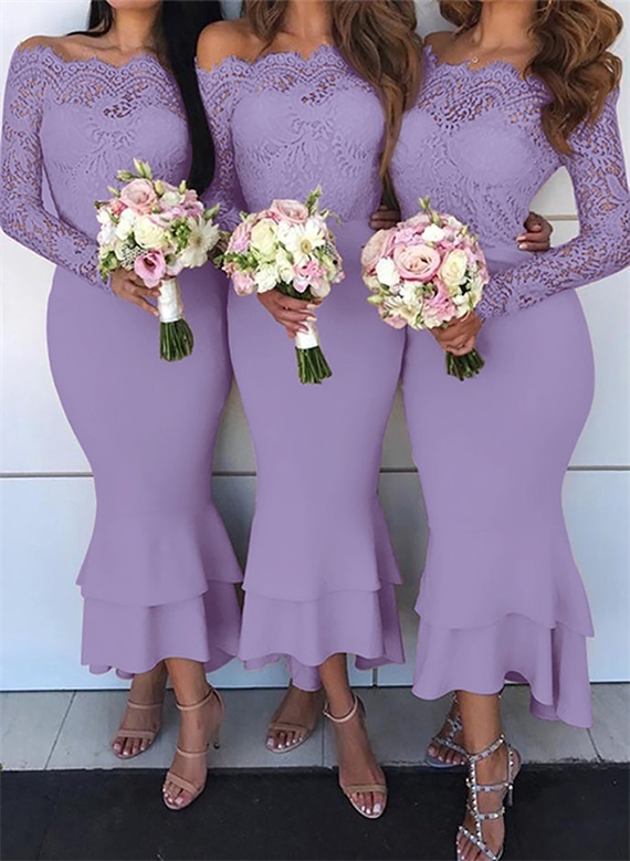 Off-The-Shoulder Long Sleeves Lace/Satin Bridesmaid Dresses - Trumpet/Mermaid