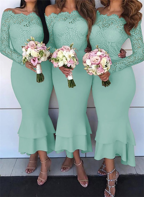 Off-The-Shoulder Long Sleeves Lace/Satin Bridesmaid Dresses - Trumpet/Mermaid