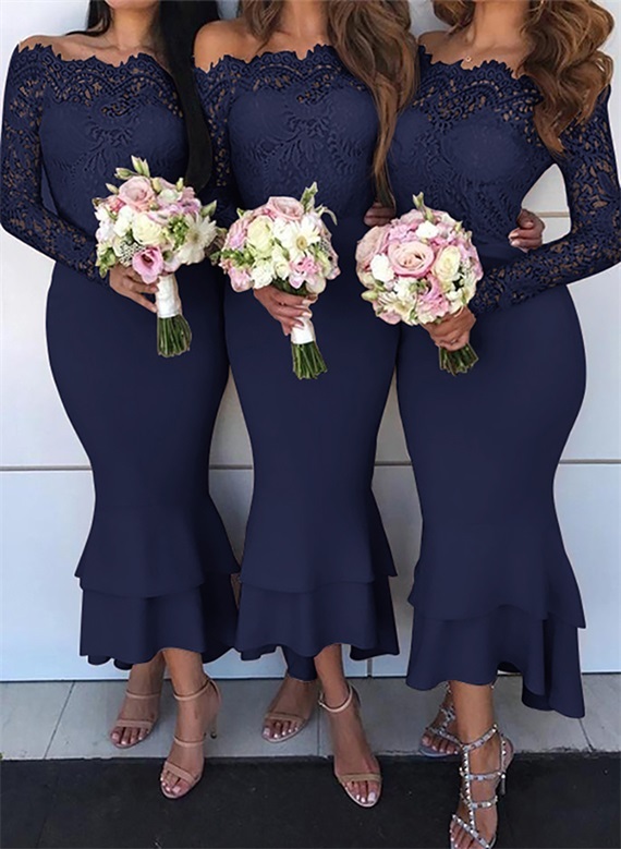 Off-The-Shoulder Long Sleeves Lace/Satin Bridesmaid Dresses - Trumpet/Mermaid