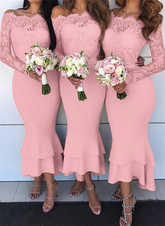 Off-The-Shoulder Long Sleeves Lace/Satin Bridesmaid Dresses - Trumpet/Mermaid