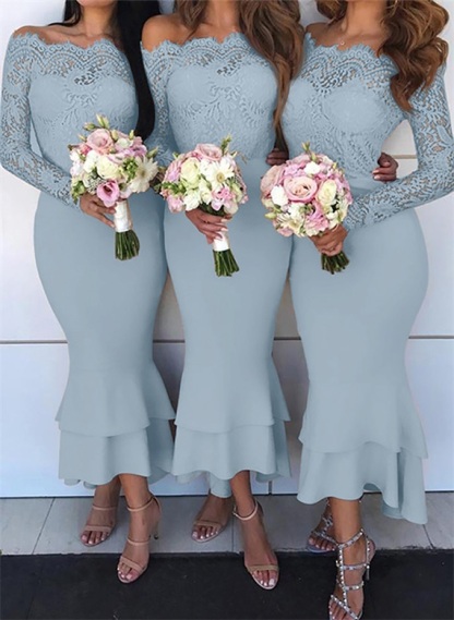Off-The-Shoulder Long Sleeves Lace/Satin Bridesmaid Dresses - Trumpet/Mermaid