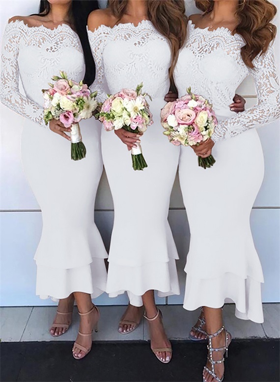 Off-The-Shoulder Long Sleeves Lace/Satin Bridesmaid Dresses - Trumpet/Mermaid