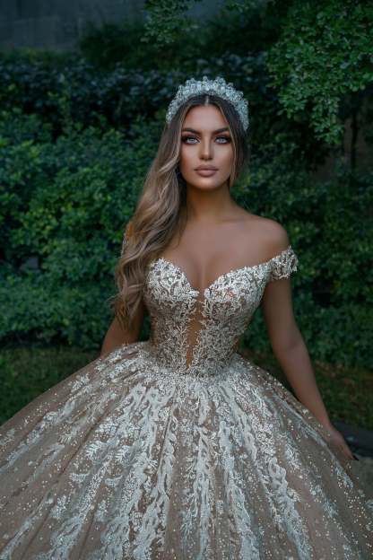 Chicloth Off-the-Shoulder Champagne Wedding Dress Ball Gown With Appliques