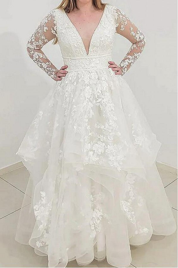 Chicloth Long Sleeves V-Neck Wedding Dress Ruffles With Lace Appliques