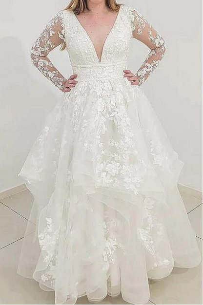 Chicloth Long Sleeves V-Neck Wedding Dress Ruffles With Lace Appliques