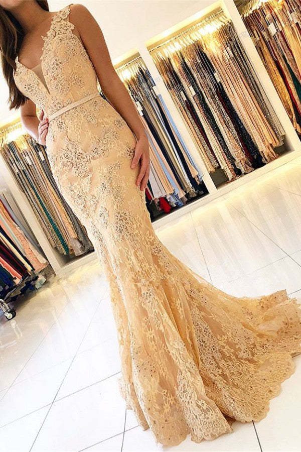 Chicloth V-Neck Sleeveless Mermaid Evening Dress Lace Appliques