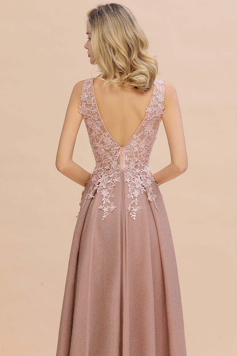 Chicloth Dusty Pink V-Neck Long Prom Dress With Lace Appliques Online