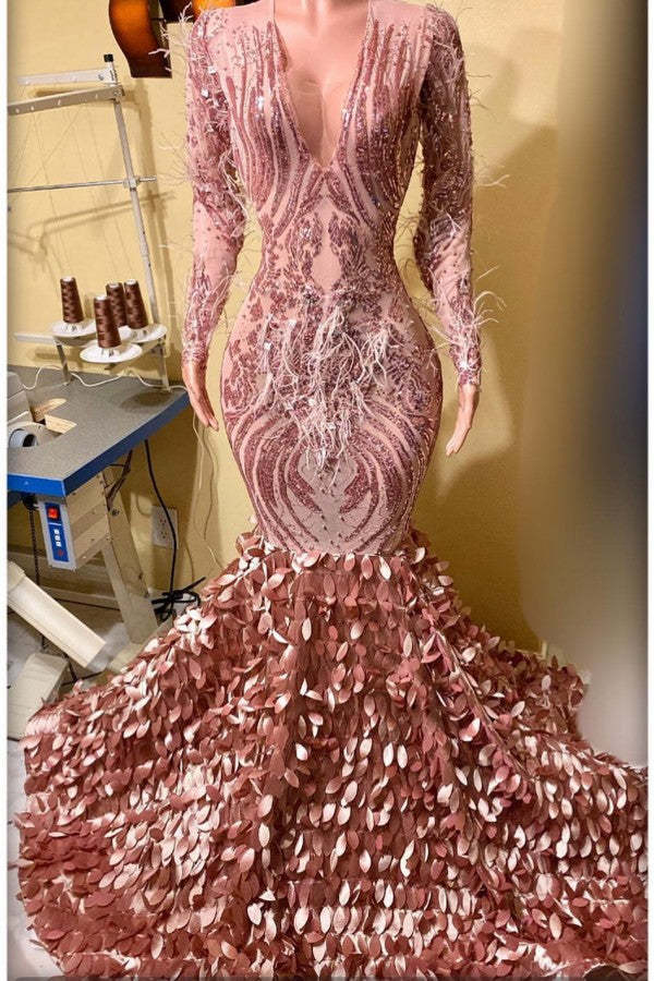 Chicloth Pink Mermaid Prom Dress Long Sleeves V-Neck With Leaf Pattern Bottom