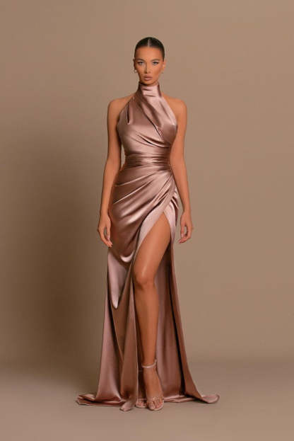 Chicloth High Neck Sleeveless Prom Dress Mermaid Slit Long